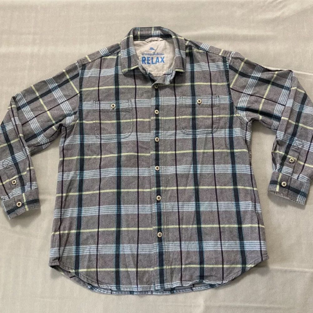 Tommy Bahama Relax Flannel Shirt Gray Blue Plaid Long Sleeve Cotton Large